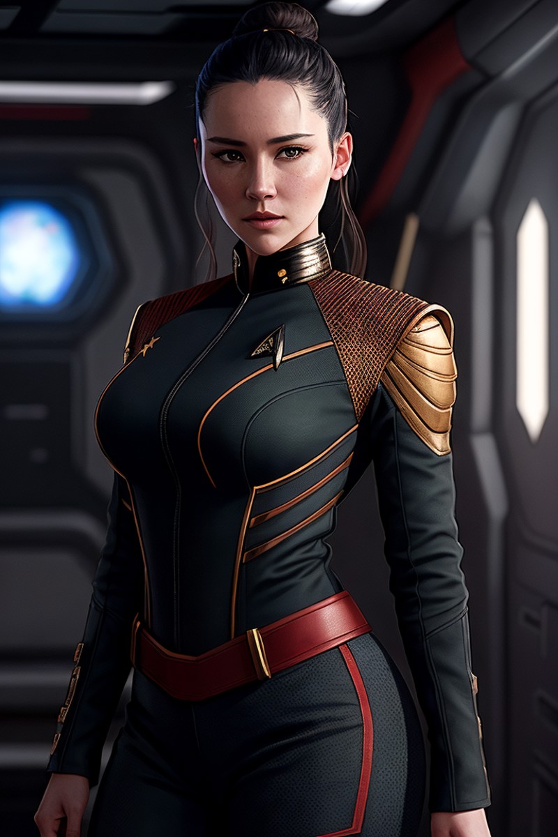 photo of (chr1sch0ng:0.99), a woman as a star trek officer, modelshoot style, (extremely detailed CG unity 8k wallpaper), ...